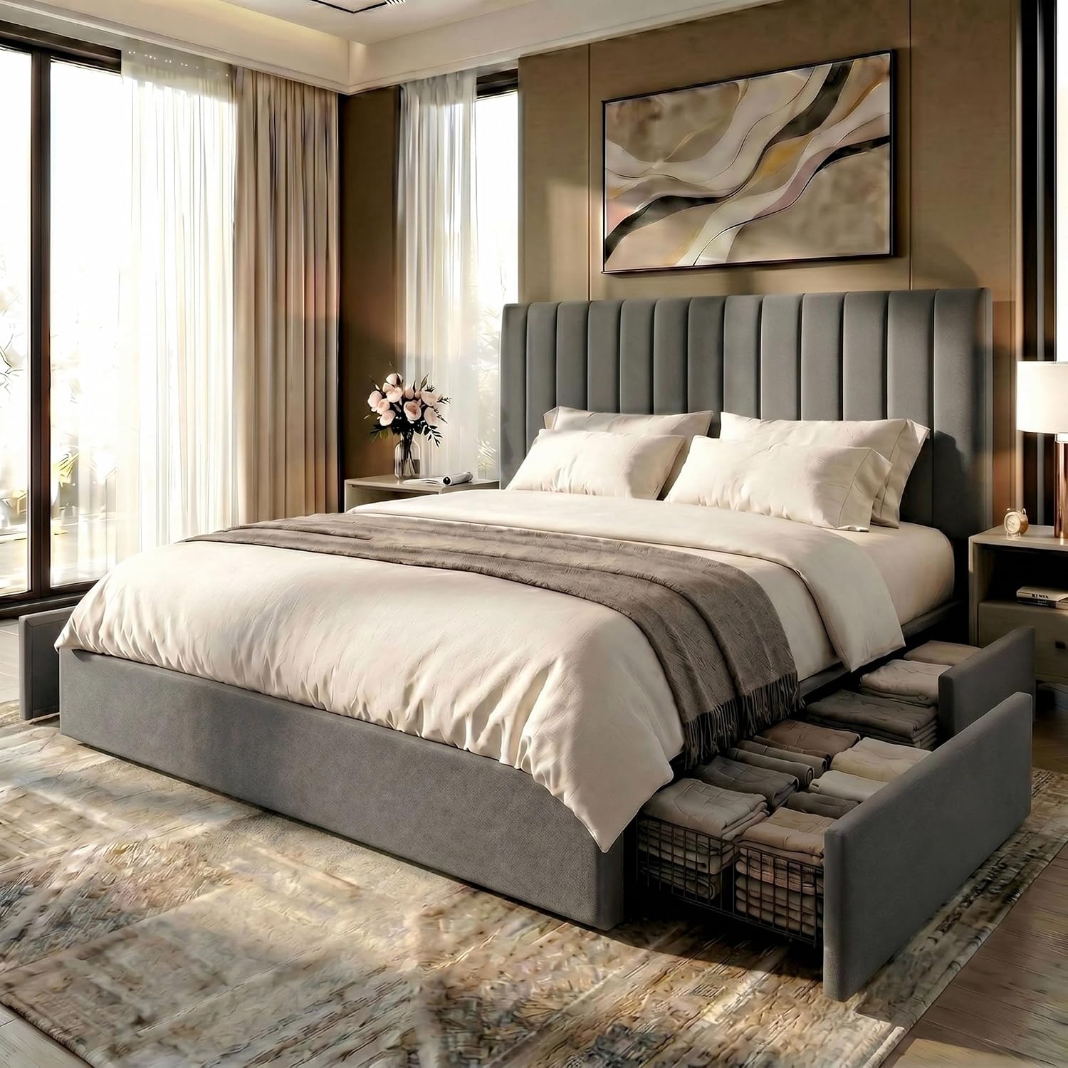 King Size Bed Frame With Storage Drawers - إطار سرير بحجم كينج مع 4