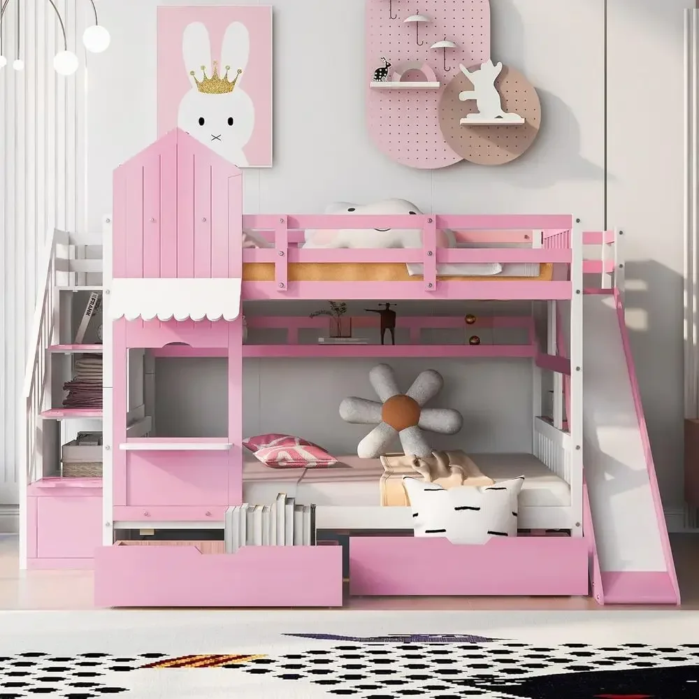 Bunk Bed With Stairs And Slide - سرير بطابقين للأطفال مع درج، وزحليقة،
