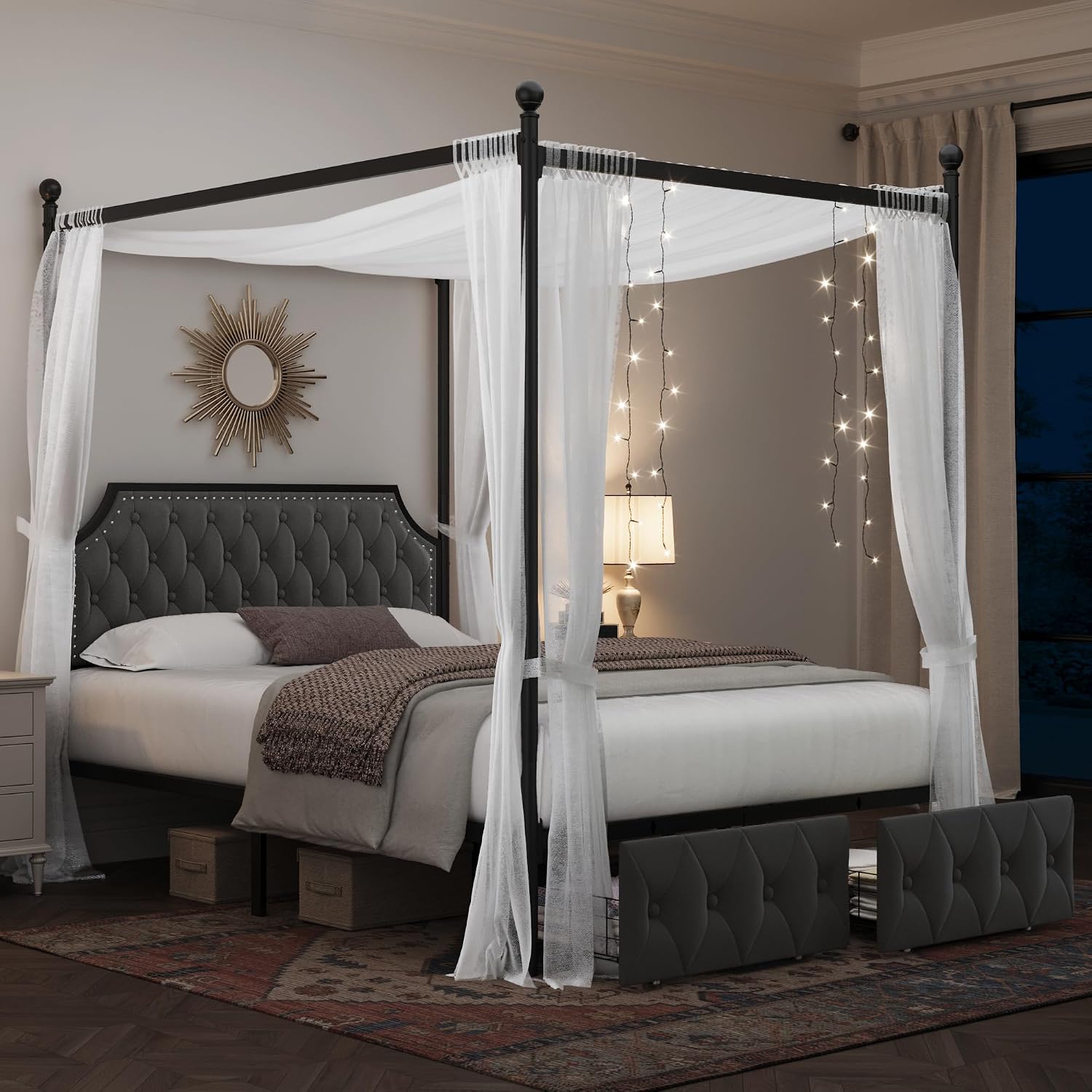 Canopy Bed Frame Metal Queen - إطار سرير كوين مع أدراج تخزين