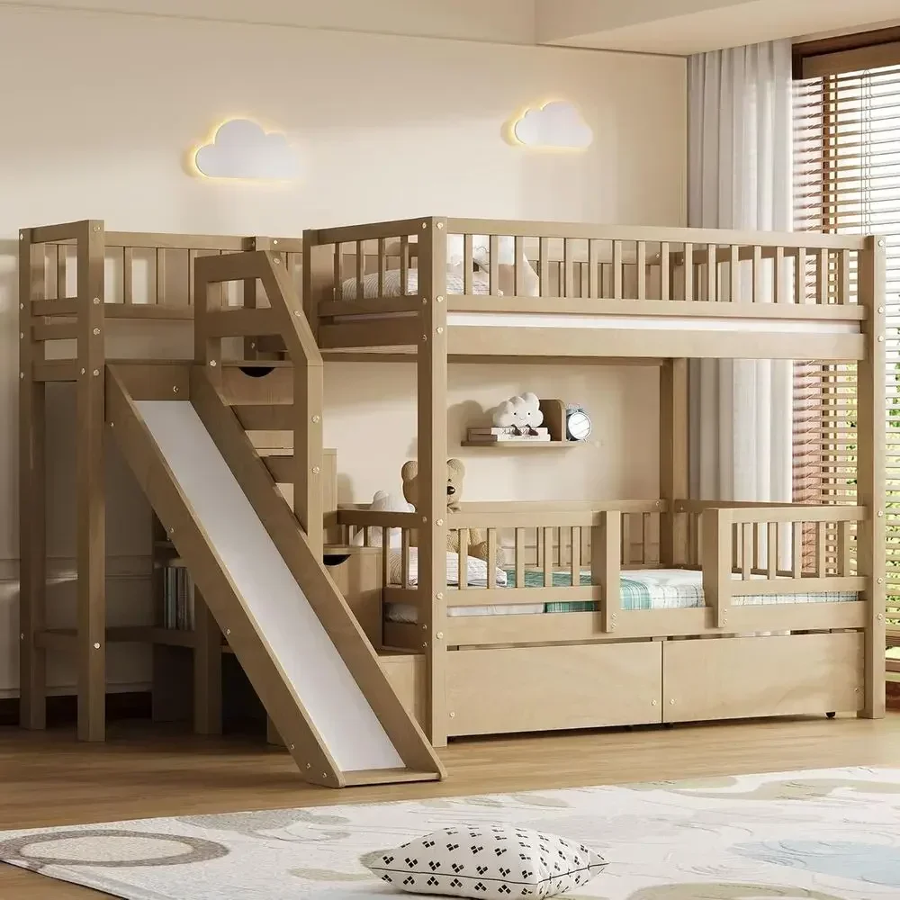 Bunk Bed With Stairs And Slide - سرير خشبي بطابقين، تصميم 
