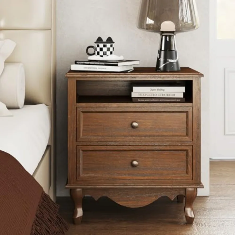 Solid Wood Nightstand 2 Drawers - طاولة جانبية للسرير مصنوعة من الخشب