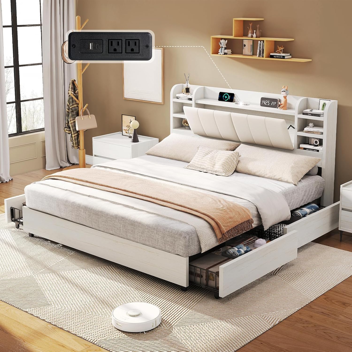 سرير بحجم كينج مبطن مع رأس سري - مراجعة King Size Bed Frame With Storage Drawers وسعره