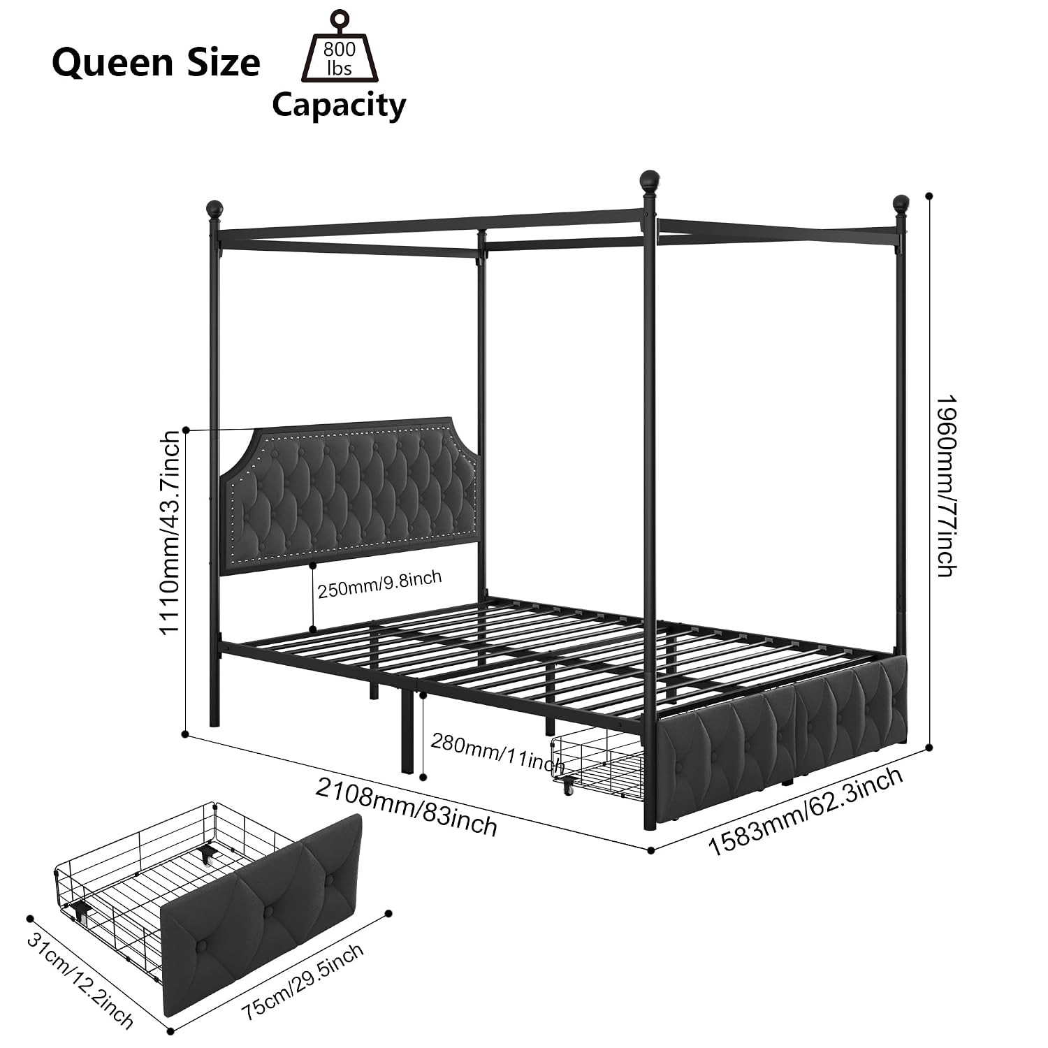 إطار سرير كوين مع أدراج تخزين  - مراجعة Canopy Bed Frame Metal Queen وسعره